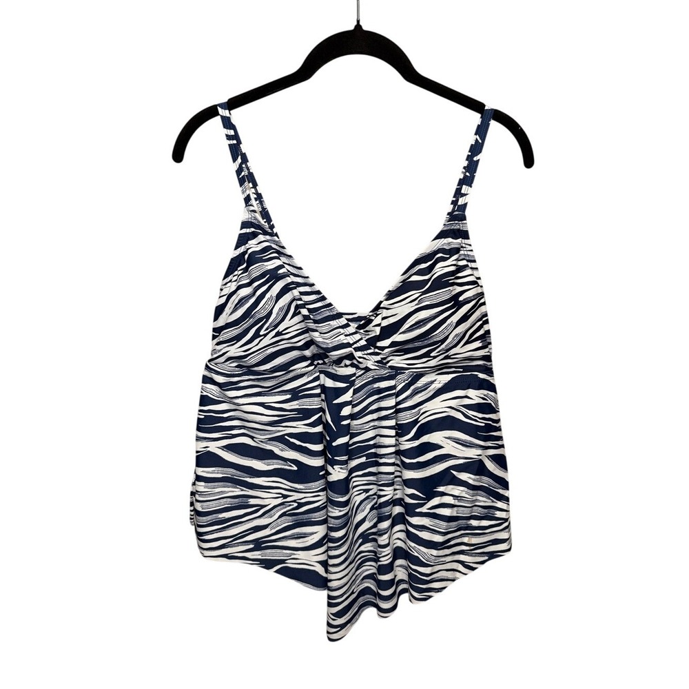 Into the Bleu Navy White Zebra Print Handkerchief Hem Tankini Swim Top XL